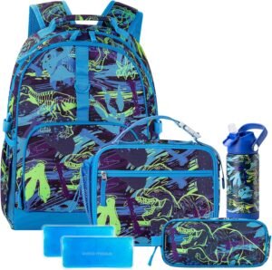 Choco Mocha Dinosaur Backpack Set (4-Piece, Blue)